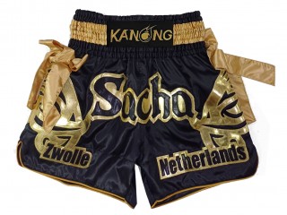 Customize Muay Thai Shorts : KNSCUST-1239 Black and Gold with bows